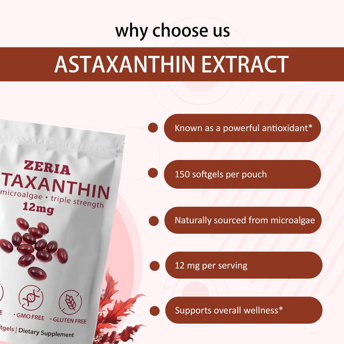 ZERIA Astaxanthin 12mg, 150 Softgels - Natural Microalgae Antioxidant for Eye, Skin & Immune Support, 4-Month Supply(1pcs)