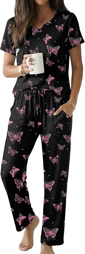 Ekouaer 2 Piece Womens Pajamas V Neck Short Sleeve Top and Long Pants Pjs Print Lounge Set Sleepwear
