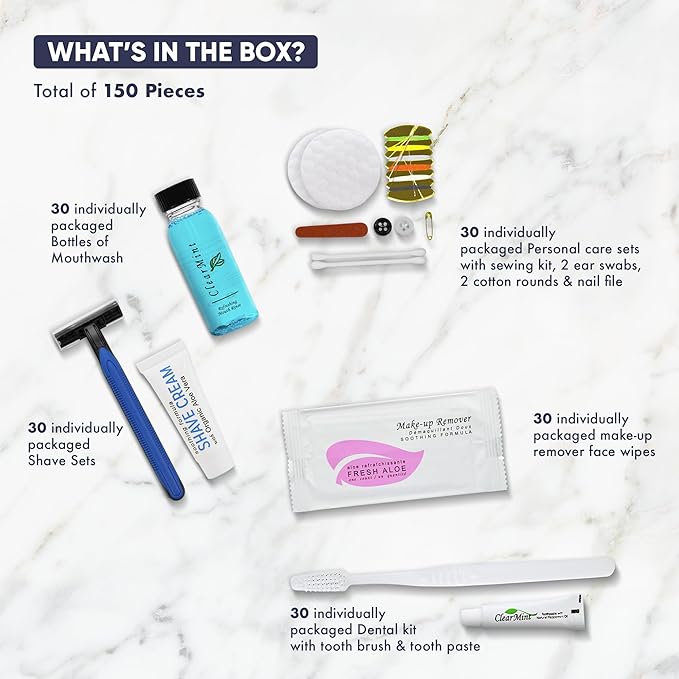 Personal Care Travel Toiletries | 1-Shoppe Amenities Kit | Travel Shaving Set, Toothbrush & Paste, Mouthwash, Makeup Wipes, Swabs, Nail File & Sewing Kit | 150 Pieces