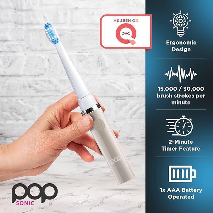 Pop Sonic Electric Toothbrush (Grey) - Travel Toothbrushes w/AAA Battery | Kids Electric Toothbrushes with 2 Speed & 15,000-30,000 Strokes/Minute, Dupont Nylon Bristles