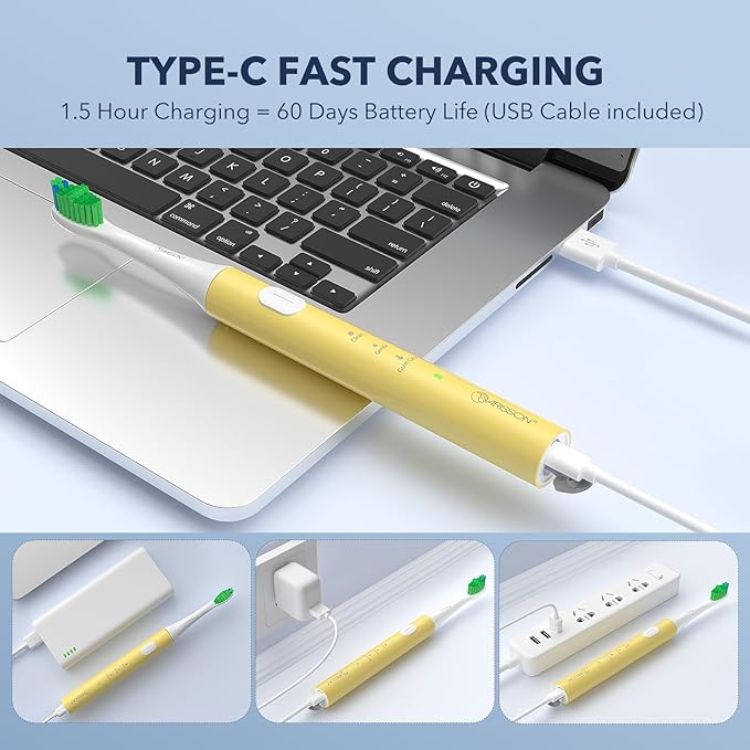 ARISSON Sonic Electric Toothbrush for Adults and Kids, 40,000 VPM Power Toothbrush, 1.5H Fast Charge Ultrasonic Electric Toothbrushes with 2 Minutes Smart Timer, White on New Corn