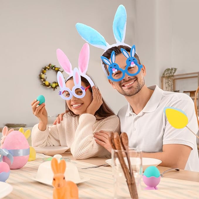 24 Pcs Easter Headbands and Glasses Set, Bunny Ears Bulk with Cute Bunny Glasses, Plush Spring Costume for Adults Easter Photo Props Party Favors
