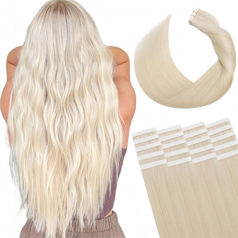 Tape in Hair Extensions Human Hair Utra Thin Invisible Seamless 20pcs 50g (Platinum Blonde, 16 inch)