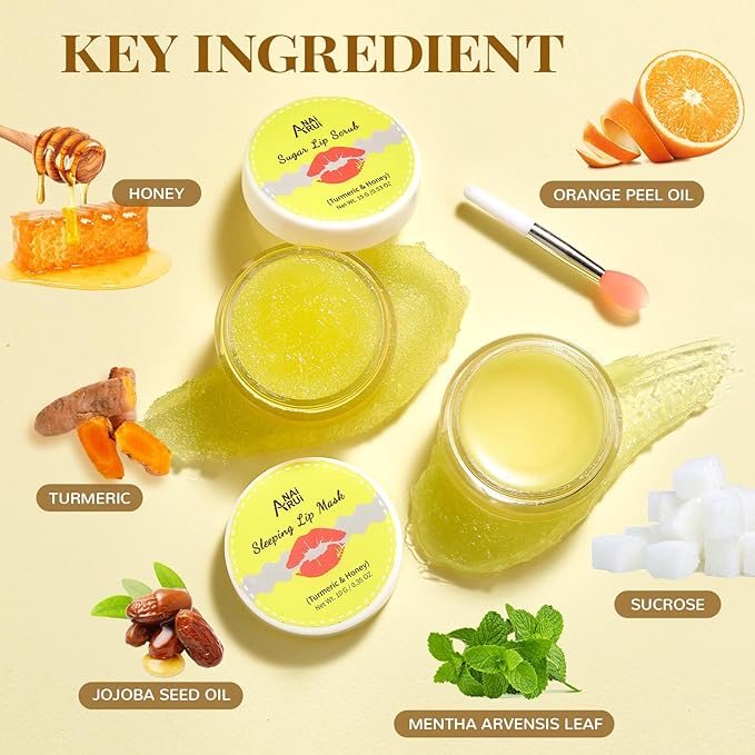 ANAI RUI Christmas Gifts For Girls, Lip Care Kit, Lip Sugar Scrub Set, Lip Sleeping Mask & Lip Exfoliator Scrub, Overnight Lip Treatment, Scrub & Moisturizer for Dry, Chapped, Cracked, Lips, Turmeric
