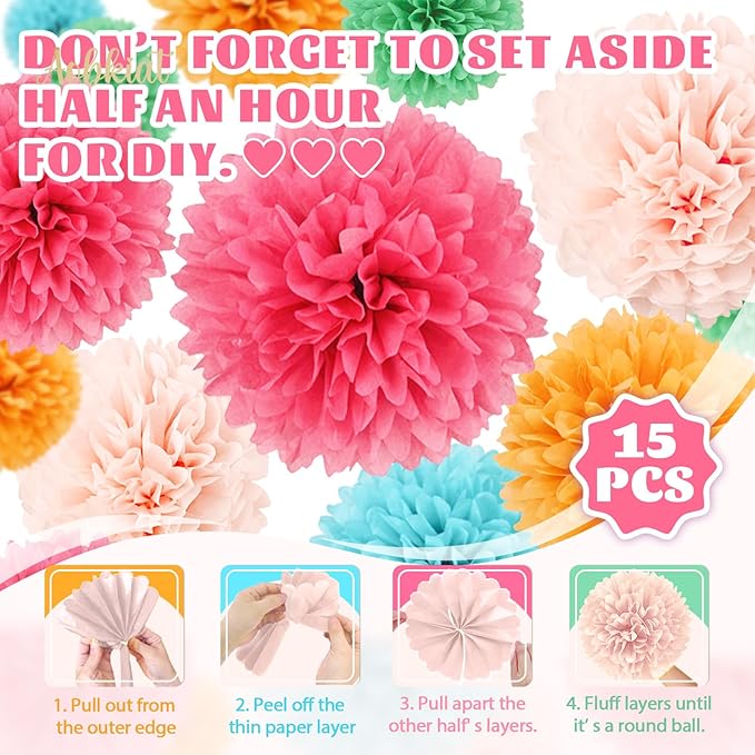 AOBKIAT Rainbow Birthday Decorations for Girls Women,15PCS Colorful Tissue Paper Pom Poms,Paper Garland String,for Candyland Theme Baby Shower Wedding Fiesta Party Hanging Backdrop