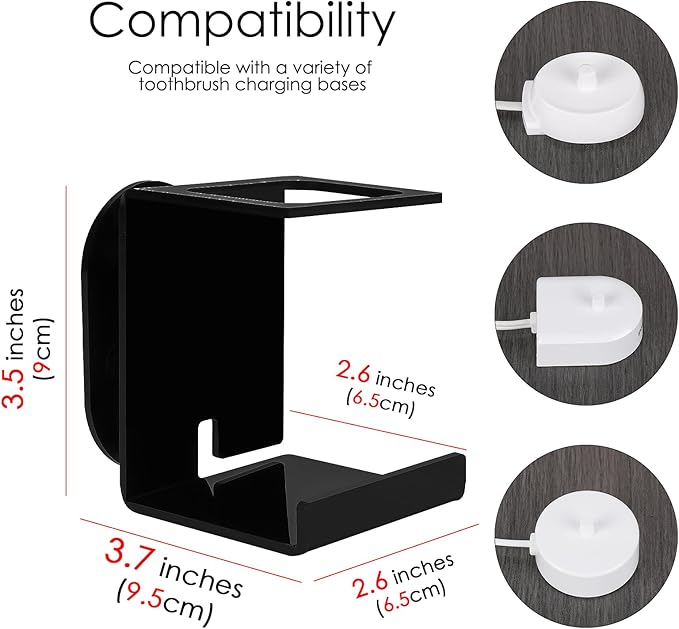 Electric Toothbrush Holder Wall Mounted, Electric Toothbrush Cord Organizer Holds 1 Chargers, Self Adhesive Electric Toothbrush Stand for Bathroom, Medicine Cabinet, Dorm(Black 2Pack)