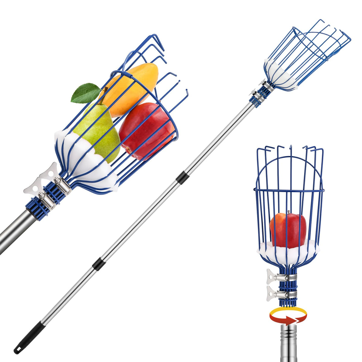 Oak Leaf Fruit Picker, 13 FT Picker Pole with Basket, Length Adjustable Apple Orange Picker Tool Tree Fruit Catcher with Lightweight Stainless Steel Connecting Pole, Foam Pad, 2 Metal Clamp(Upgraded)