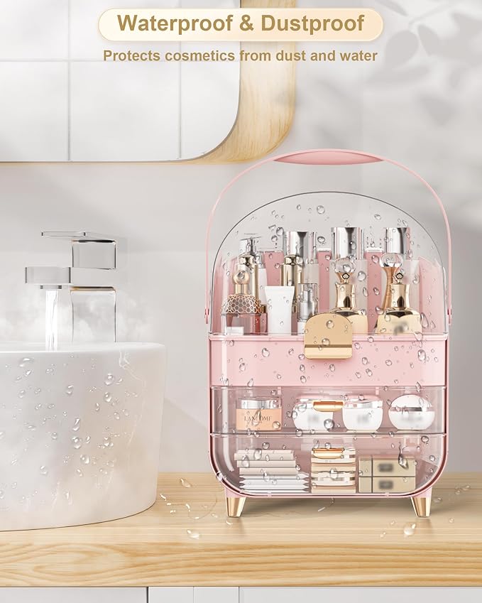 Makeup Organizer with Lipstick Holder, Skincare Organizers Storage Box Cosmetic Display Cases, Teen Girl Gifts Make up Organizers for Vanity, Dresser, Countertop, Bathroom(Pink)