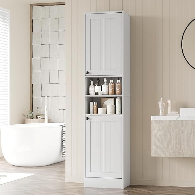 Farmhouse Bathroom Cabinet with 2 Doors, 67" Tall Slim Freestanding Cabinet, Narrow Floor Storage Unit with Open Shelf and Adjustable Shelves for Bathroom, Living Room, Kitchen, White