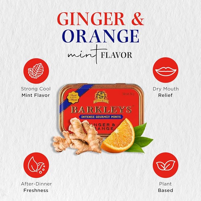 Barkleys Gourmet Ginger & Orange Breath Mints - Strong Ginger & Orange Flavor for Party, After Dinner, Wedding, Every Day Use-Vegan Mints In Reusable Classic Travel Tins, 1 Pack - 50 Count Each