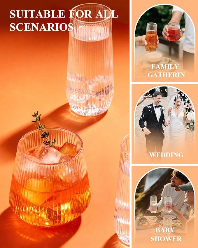 BESTSTAR 48 Pack Disposable Ribbed Origami Ripple Plastic Glasses Set - 24 9 OZ Stemless Champagne Flutes & 24 12OZ Cups, BPA-Free Shatterproof Clear Drinkware for Weddings, Parties & Events (Clear)