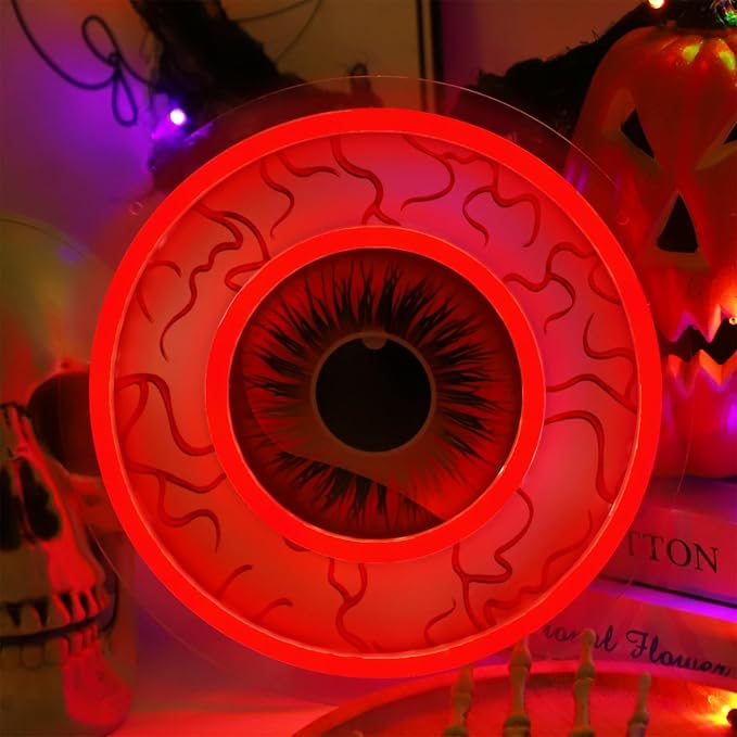 Halloween Window Decorations Indoor Lights, Eyeball Shaped Neon Signs, Red Led Lights Battery Operated Or USB Powered,Cute Gothic Decor for Home, Room, Wall, Office, Mental(1Pack)