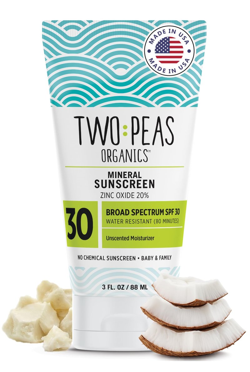 Two Peas Organics Mineral Sunscreen SPF 30 Lotion, Non-Nano Zinc, Reef Safe, Baby & Family Sensitive Skin, Water-Resistant 80 Min, Unscented, Organic & Cruelty Free, 3 oz Single pack