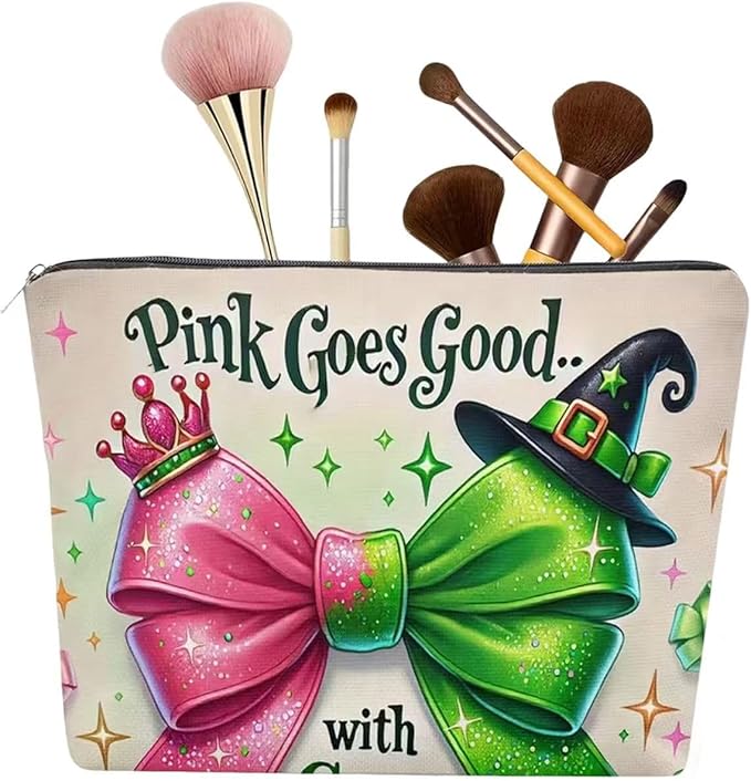 Small Makeup Bag with Zipper for Women with Pink Green Glitter Bow designs Cosmetic Pouch Friends Gifts Cute Toiletry Bags for Birthday Graduate Travel Supplies Accessories