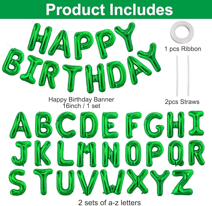 TONIFUL 65 Pcs 16 Inch Green Happy Birthday Balloons and 2 Sets A-Z Foil Letters Balloons DIY Personalized Phrase Banner for Birthday Celebration Halloween Thanksgiving Christmas Party Decorations