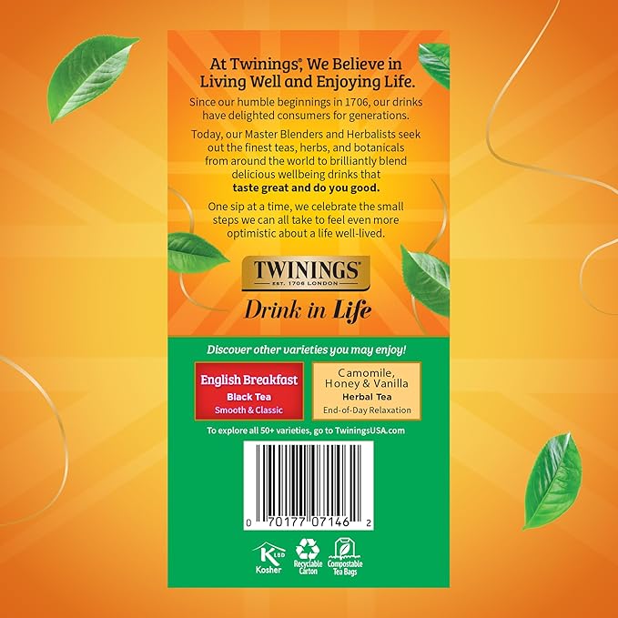 Twinings Irish Breakfast Black Tea Individually Wrapped Bags, 50 Count (Pack of 6), Flavourful, Bold, Robust, Caffeinated, Enjoy Hot or Iced, 300 Teabags
