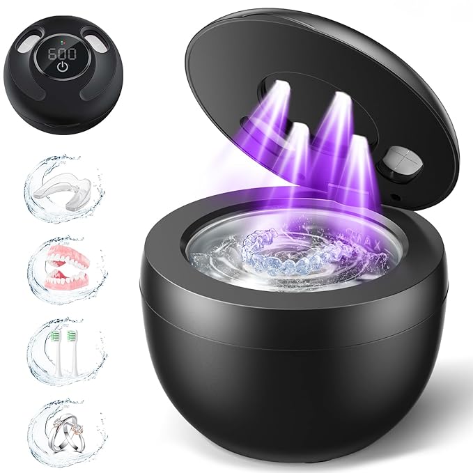 Dental Ultrasonic Retainer Cleaner Machine: 45kHz Dental Cleaning Pod for Denture, Mouth Guard, Night Guard, Aligner, Braces, Toothbrush Head & Jewelry, UV Cleaner with Digital Timer & 4 Modes, Black