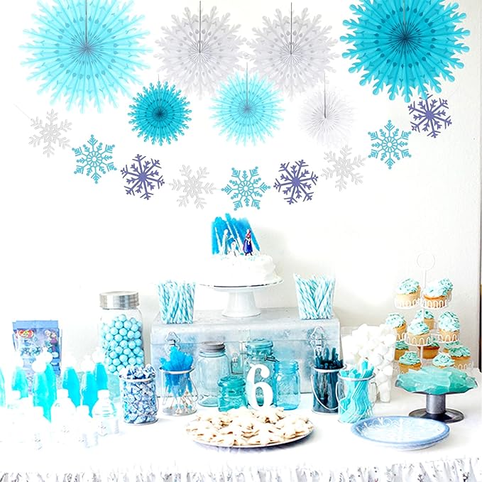 Snowflake-Snow Blue-White Christmas Frozen Party-Decorations - 9pcs Winter Girl Birthday New Year Paper Fan Banner Stareamers, Wonderland Party Supplies Decor Lasting Surprise