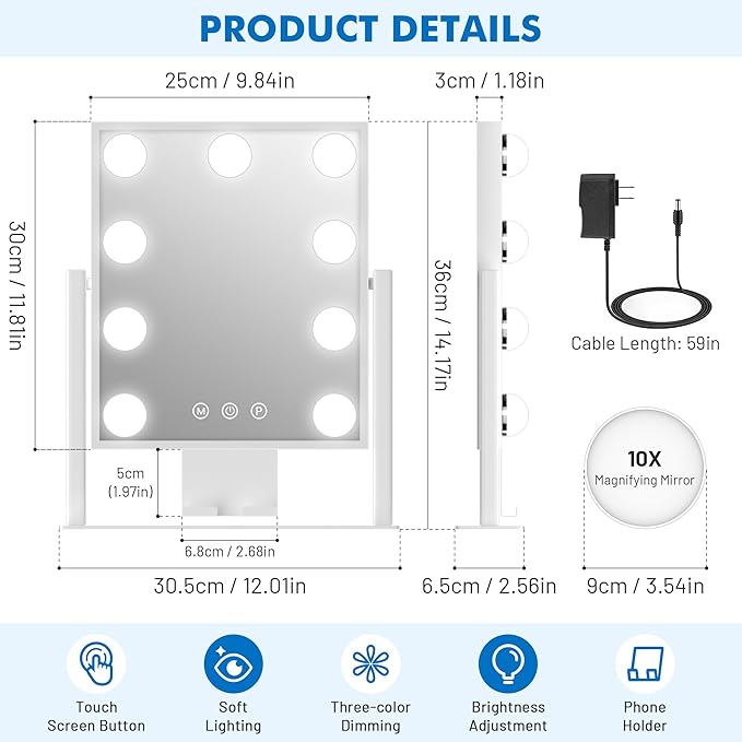 Kottova Lighted Makeup Mirror, Hollywood Vanity Mirror with Lights, Three Color Modes, with Detachable 10x Zoom Mirror, Smart Touch Control, Metal Frame, 360° Rotation（14.1in,White）