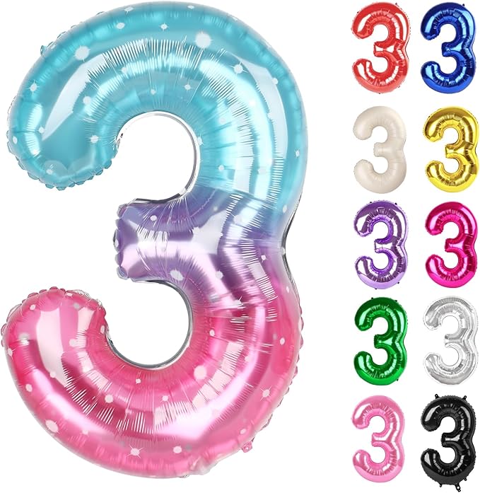 Starry Sky Number 3 Balloon 40 Inch, 3 Balloon Number, 3rd Birthday Decorations, Starry Sky Party Supplies for Boys Girls
