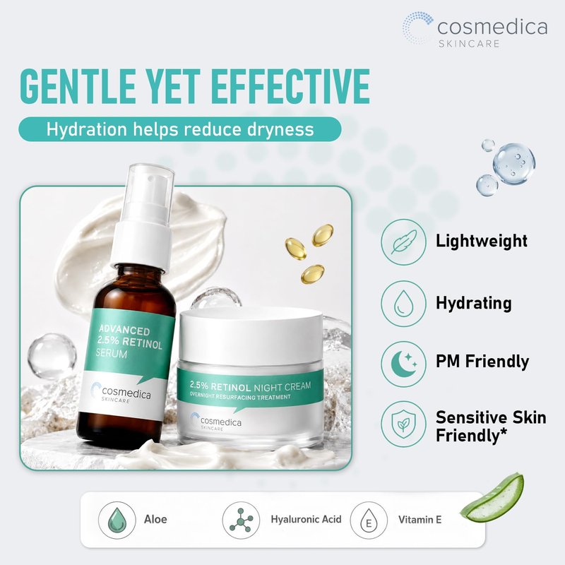 Cosmedica Retinol Serum 2.5%, 1oz & Retinol Cream 2oz Complete Anti Aging Skincare Combo Set