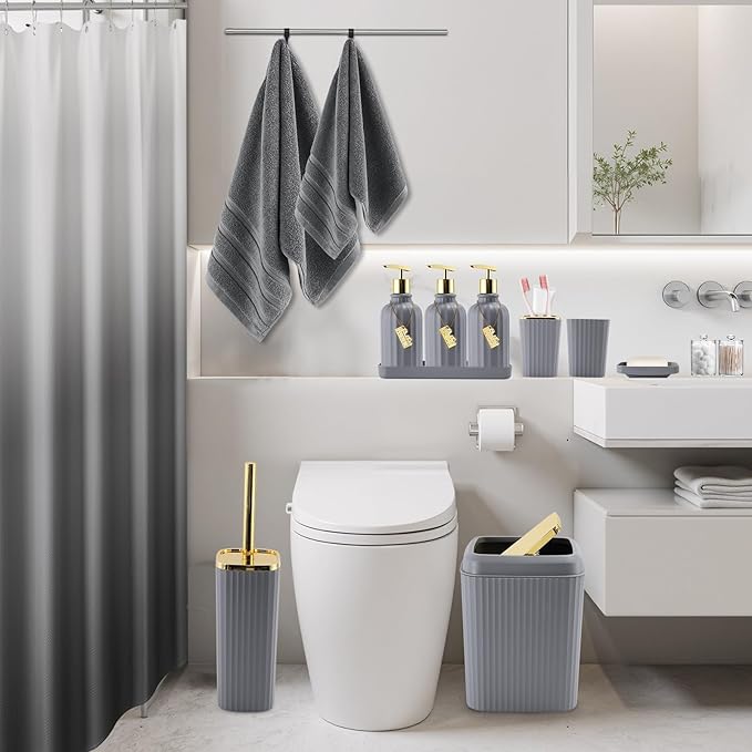 32PCS Bathroom Accessories Set Bathroom Set,Grey Shower Curtain Set,Bath Towel Set,Hand Towel,Toilet Brush,Trash Can & 3PCS Soap Dispenser