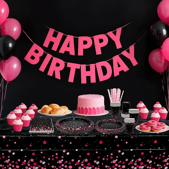 Pink Black Party Decoration - Pink and Black Birthday Party Tableware Supplies Includes Plates, Cups, Napkins, Tablecloth, Straws (20)