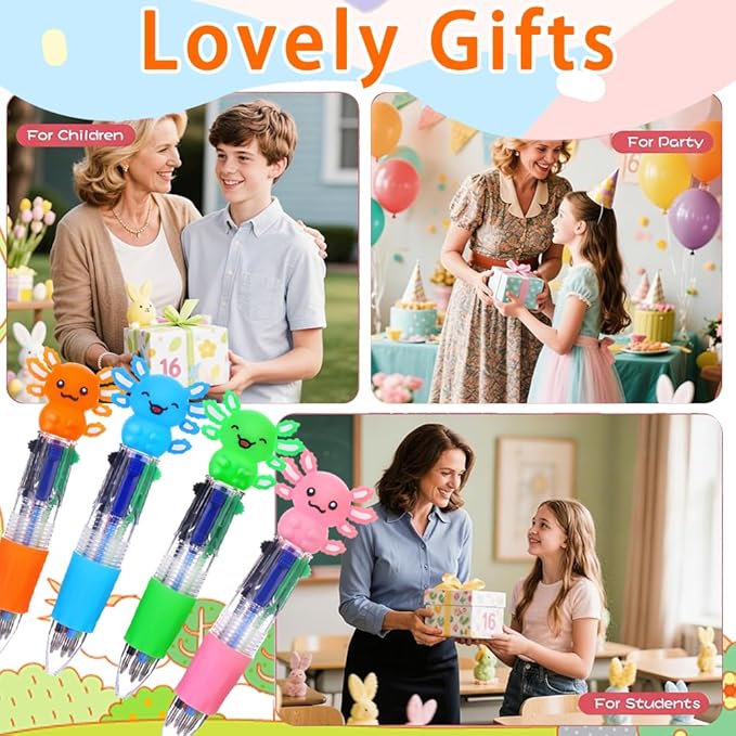 36pcs Fun Party Favor Pens Axolotl Mini Multicolor Pens in One 4-in-1 Bulk Kawaii Axolotl Cute Writing Stationery for Birthday Gifts Party Favors Supplies Rewards Holiday Gifts