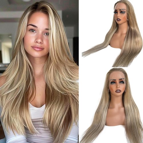 Valiilo Balayage Ash Blonde Wig Human Hair Glueless 13x4 Lace Front Wigs Pre Plucked 18 Inch Straight Ash Brown to Ash Blonde with #60 Blonde Highlight Wig 180% Density