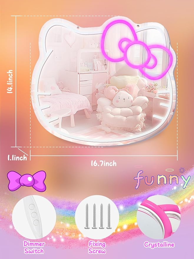 Anime Mirror Vanity, Neon Sign Stuff Room Decor, Neon LED Wall Mirror, Vanity Mirror with Remote for Makeup Mirrors, Bedroom, Teen Girl Children Gift for Birthday Christmas Halloween Thanksgiving