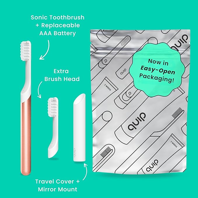 Quip Metal Sonic Electric Toothbrush for Adults - Time Travel & Soft Bristles with Travel Case & Replacement Brush Head - 3 Month Battery Life - Copper