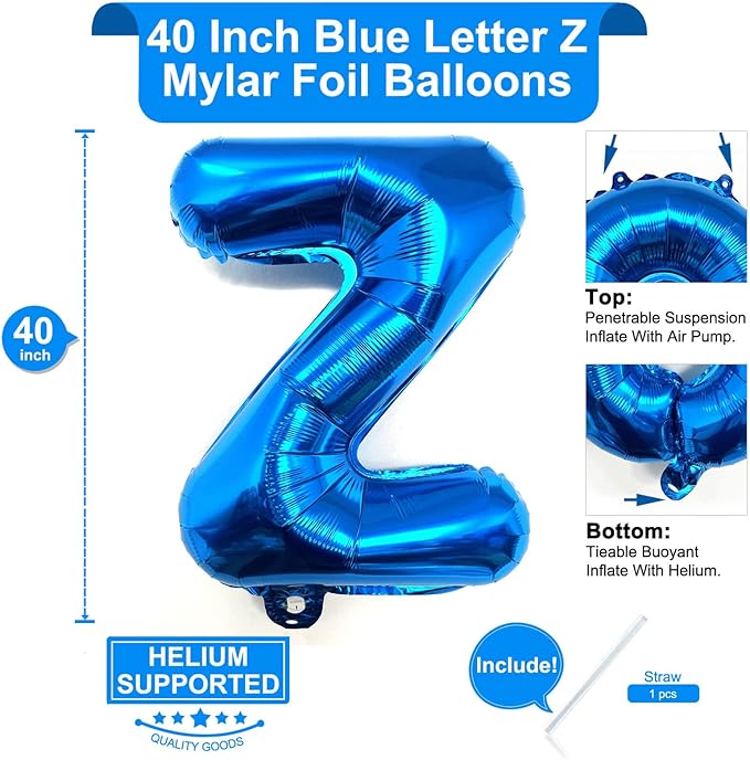 Lovoir 40 Inch Large Blue Letter Z Balloons Big Size Jumbo Mylar Foil Helium Balloon for Birthday Party Celebration Decorations Alphabet Blue Z