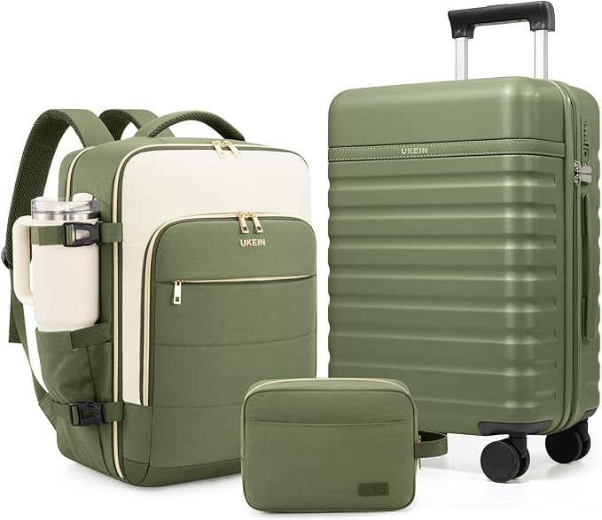 Luggage Sets 3 Piece, Carry On Luggage 20In With Spinner Wheels,PC Hardside Suitcase Set with TSA Lock,Durable Carry On Suitcase With Travel Backpack for Men (Military Green, 3 piece set (BP/20inch))
