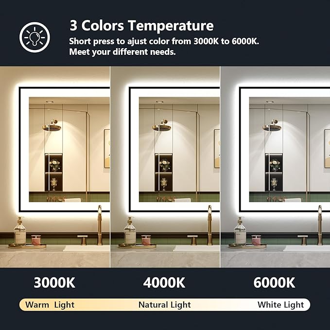 40x30 Inch LED Bathroom Mirror with Lights (Front Lit and Backlit) Black Framed Lighted Vanity Mirror for Bathroom Wall Dimmable Anti-Fog Memory Tempered Glass Horizontal/Vertical