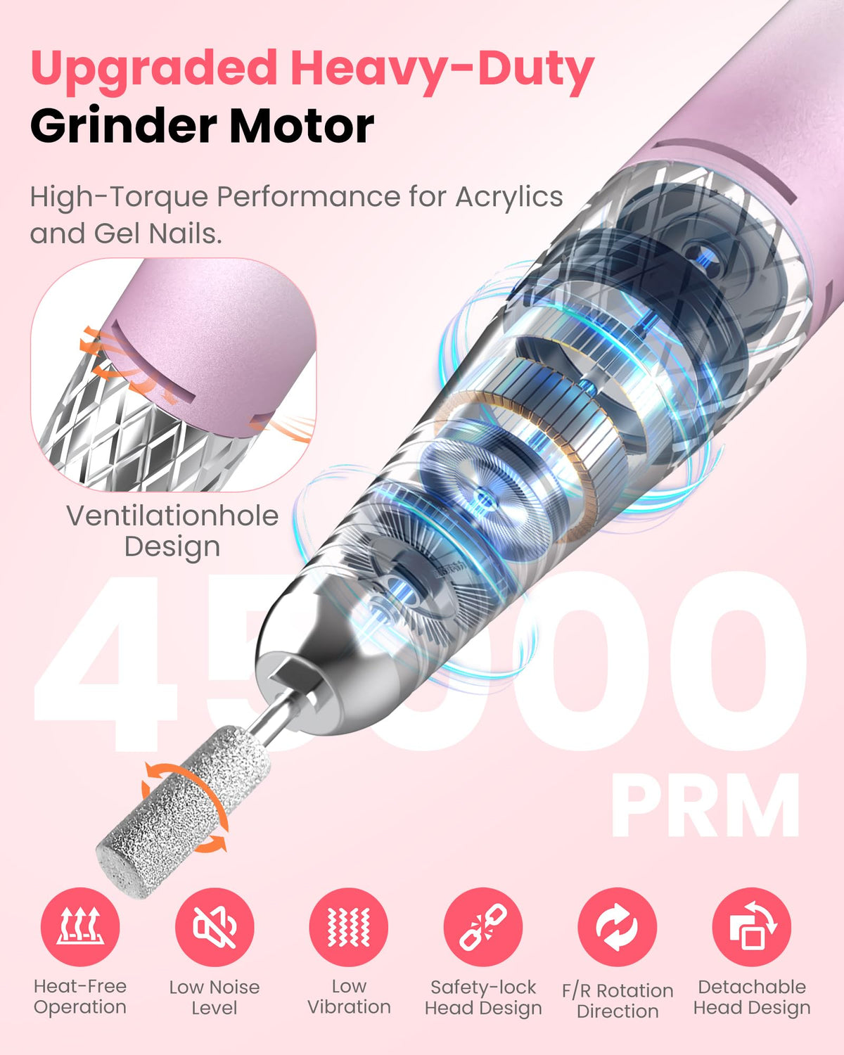 KISUFU Professional Nail Drill for Nail Technicians - 45000RPM Electric Nail File with 1800mAh Battery - Portable E-File with Digital Display and Belt Clip - Gradient Pink Manicure Set with 6 Bits.