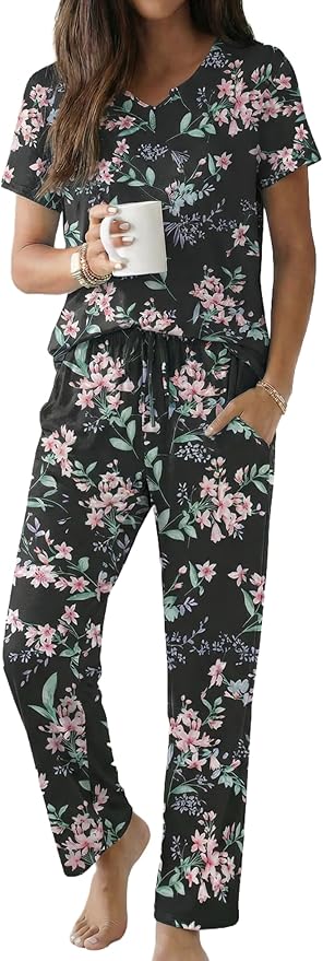 Ekouaer 2 Piece Womens Pajamas V Neck Short Sleeve Top and Long Pants Pjs Print Lounge Set Sleepwear