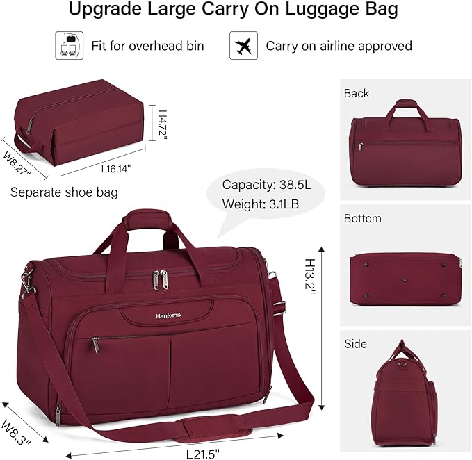 Hanke Carry On luggage Bags for Travel, Large Foldable Duffle Bag for Travel, Softside Lightweight Travel Bag Carry On Bags for Airplanes Women, Travel Tote Bags for Women Men.（Burgundy）