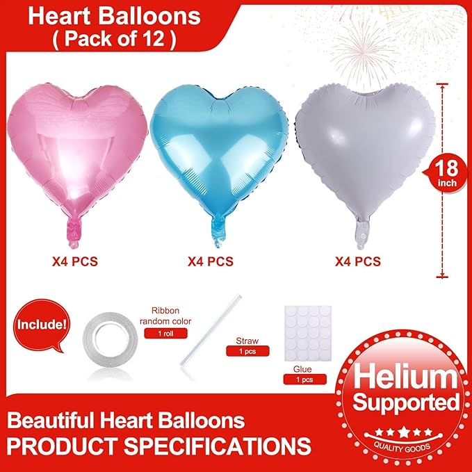 Lovoir 12 Pcs Pink Heart Shape Foil Mylar Balloons 18 Inch Love Balloons for Valentine's Day Birthday Party Decorations Wedding Engagement Romantic Decor (Pearl Pink & Pearl Blue & White)