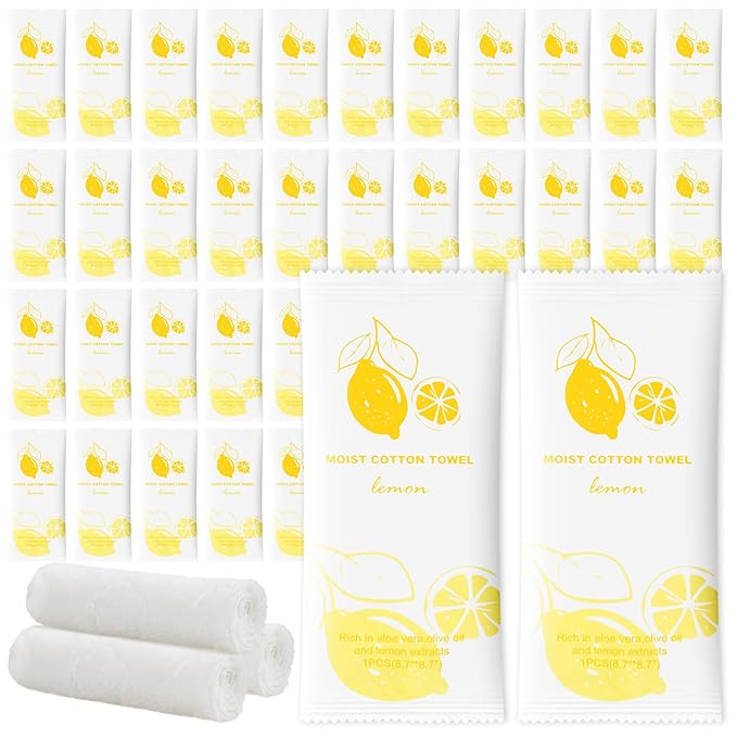 Moist Cotton Towel Bulk Moist Towelettes Individually Wrapped,White Towel Services,Refreshment Pre Moistened Towels for Dentist Travel Sport Party Hotel 50,Lemon