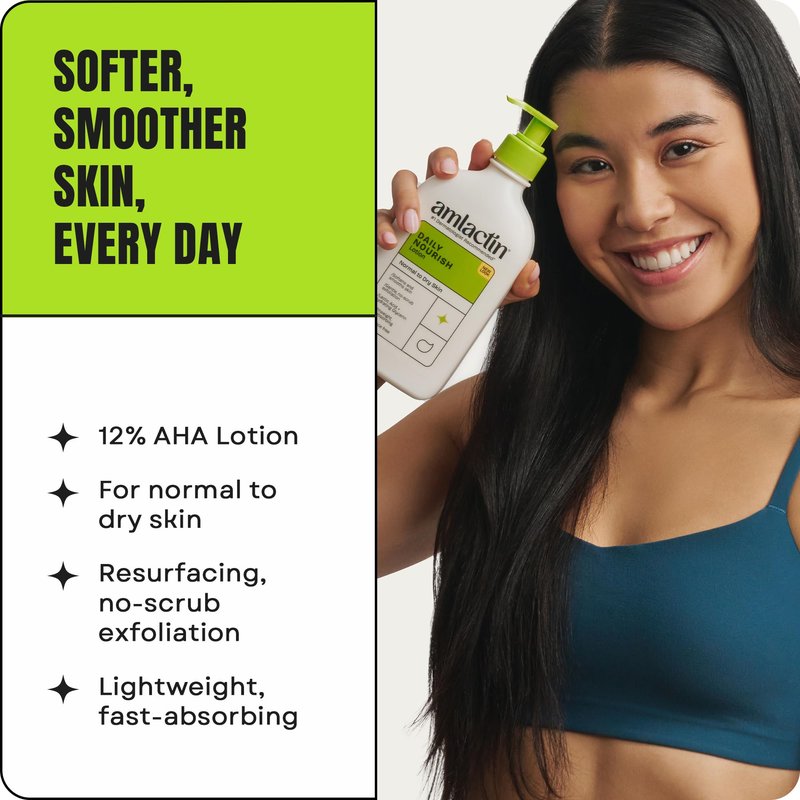 AmLactin Daily Nourish Therapeutic Body Lotion for Dry Skin - No-Scrub Exfoliator and Moisturizer 12% Lactic Acid Lotion, 14.1 oz (Packaging May Vary)