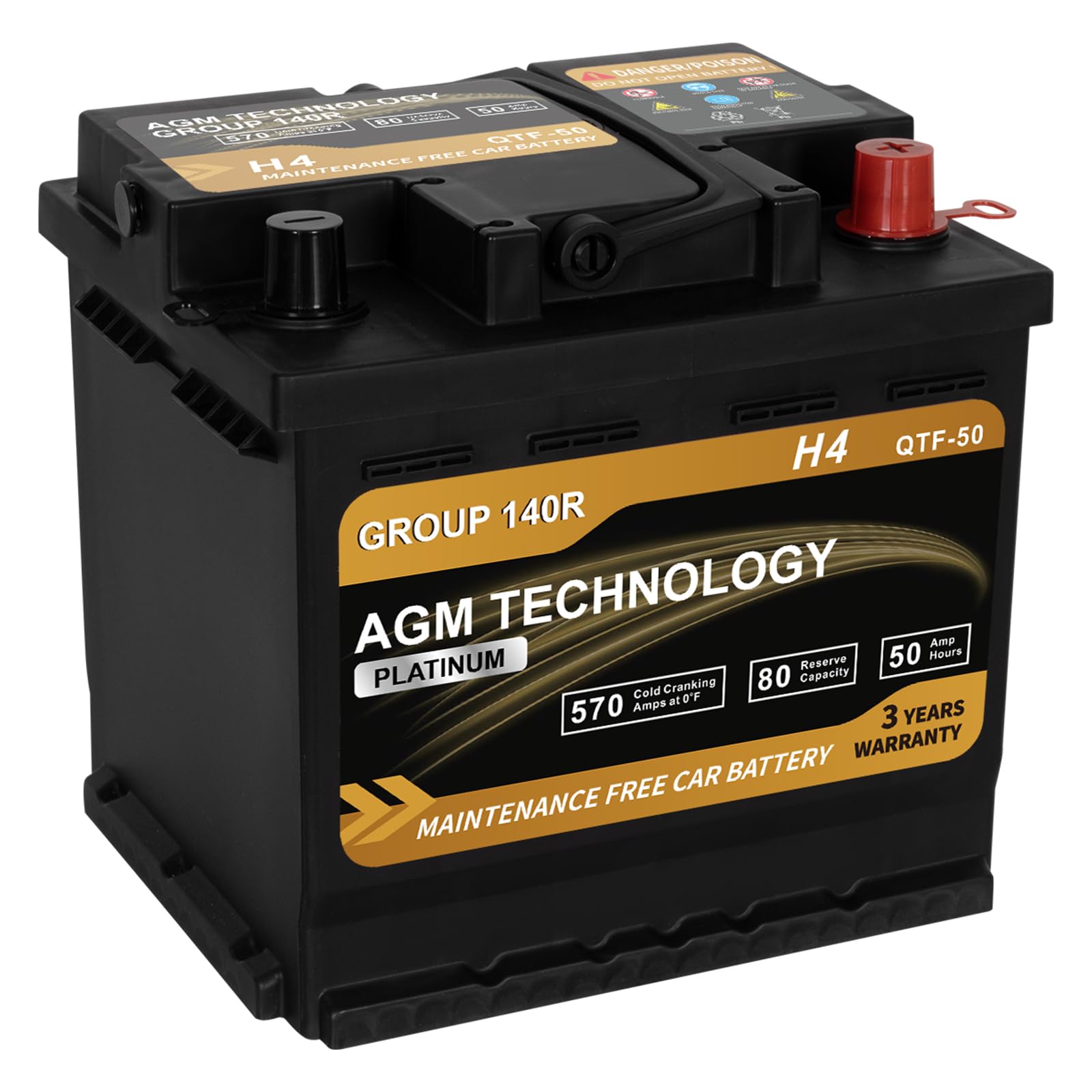 Daakmax Platinum Agm Car Battery Group Size 140R H4, 12V 50Ah, 570 Cca, 80 Rc, Rechargeable Start-Stop Automotive Battery With 3