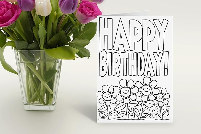 Stonehouse Collection | Happy Birthday Kid Set of Coloring Greeting Cards | 12 Color Happy Birthday and Flowers Card and Envelopes (Flowers)
