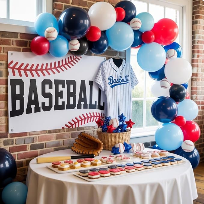 FunHot Baseball Balloon Arch Garland Kit, Navy Blue and Red Balloon Garland with White Balloons Baseball Foil Balloons Birthday Party for Men Boys Sports Baseball Graduation Party Decorations