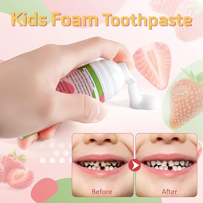 Foam Toothpaste Kids 2PCS, Toddler Toothpaste Cavity Protection with Gentle Formula 360º Care Natural, Teeth Whitening Toothpaste Fluoride Free for Electric & U-Shape Toothbrushes(Strawberry &Orange)