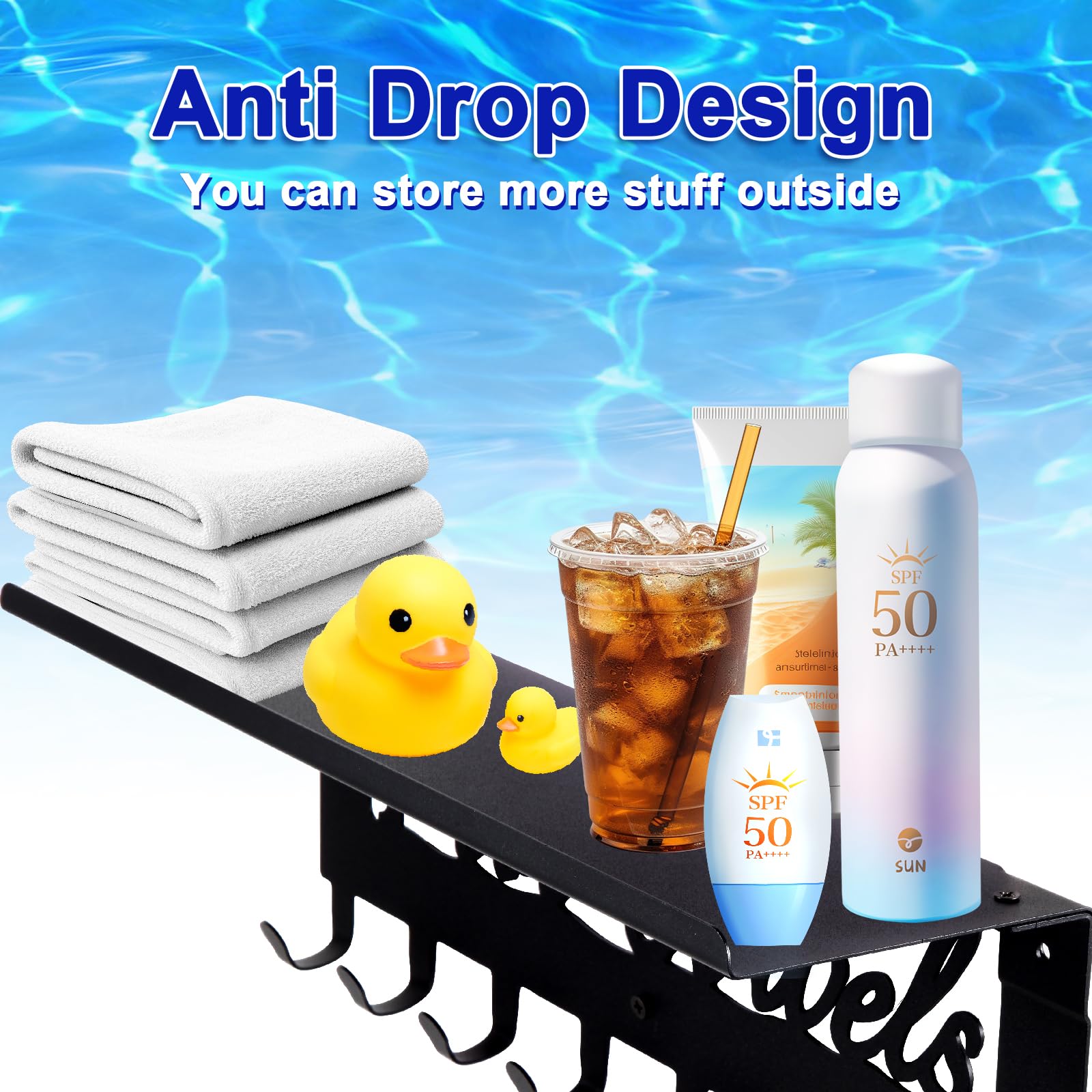 Topspeeder Pool Towel Racks with Shelf 8 Hooks for Pool Bathroom Wall Mount Towel Hooks Towel Holder Carbon Steel Hanger Organizer Pool Accessories Outdoor for Robe,Towel,Coat,Swimsuit,Bag,Keys