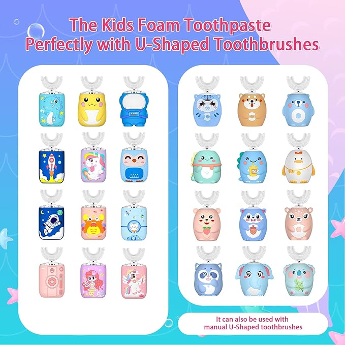 Kids Foam Fluoride Free Toothpaste with 4 Pack Strawberry and Blueberry Flavor,Toddler Natural Teeth Deep Cleaning Toothpaste for U Shaped Toothbrush