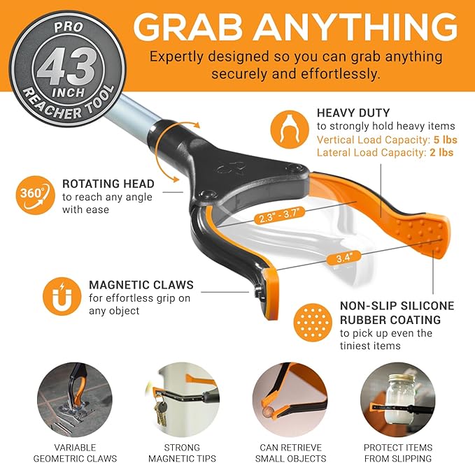 EZPIK Pro 43" Foldable Grabber Reacher Tool for Seniors - Grabbers for Elderly Reaching Tool Heavy Duty Pickup Trash Picker Upper Equipment - Claw Grabber Stick for Reaching Aids, Weed Gripper 2-Pack