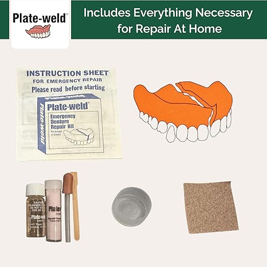 Plate-Weld Temporary Emergency Denture Repair Kit – Repairs Cracks, Breaks and Replaces Loose Teeth in Denture Plates – Easy at-Home Emergency Fix