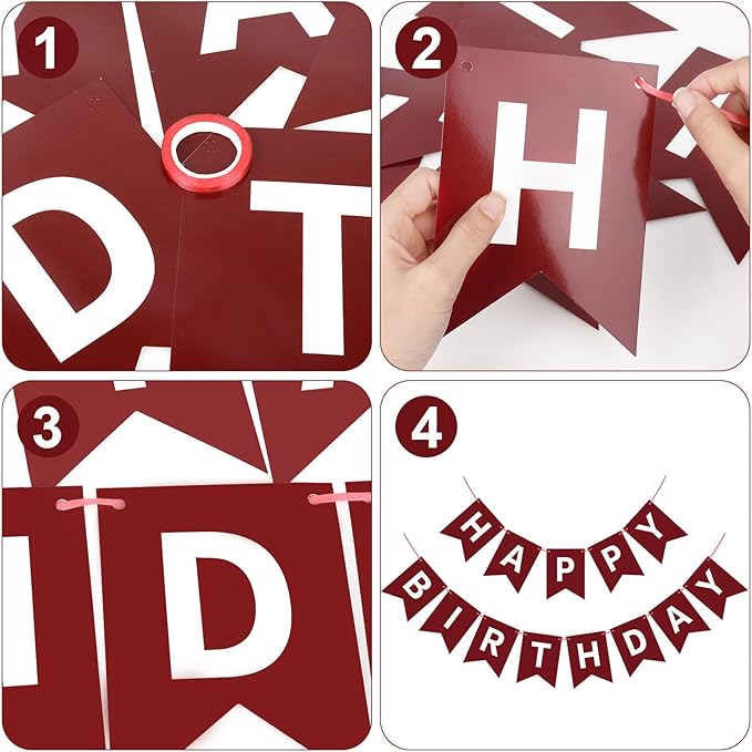 Burgundy Birthday Banner Sign Happy Birthday Bunting Banner Garland for Kids Girl Woman Tea Party Decorations Bunting Flag Party Supplies