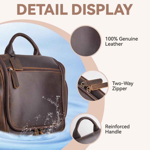 MCKDERWRILL Versatile Genuine Leather Travel Hanging Toiletry Bag, A Dark Brown Hanging Makeup Organizer for Men or Women, Water-resistant Shaving Kit Bag Suitable for Camping and Travel Trips